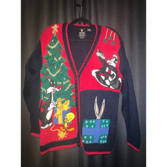 Ugly Christmas Sweater Xmas Cardigan Size Small Vintage Looney Tunes - Picture 1 of 3